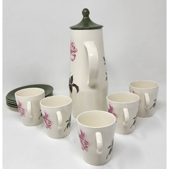Mid Century Porcelain Coffee Pot & Cups Saucers Green Ivory Roses Palissy UK - Picture 4 of 12